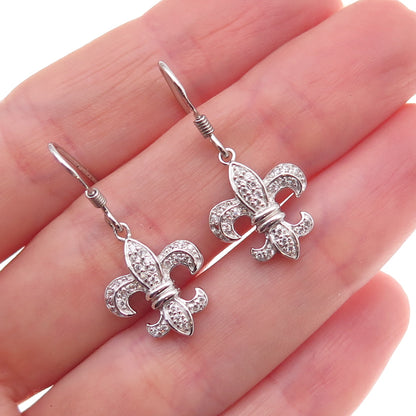 925 Sterling Silver Round-Cut C Z Fleur de Lis Dangle Earrings