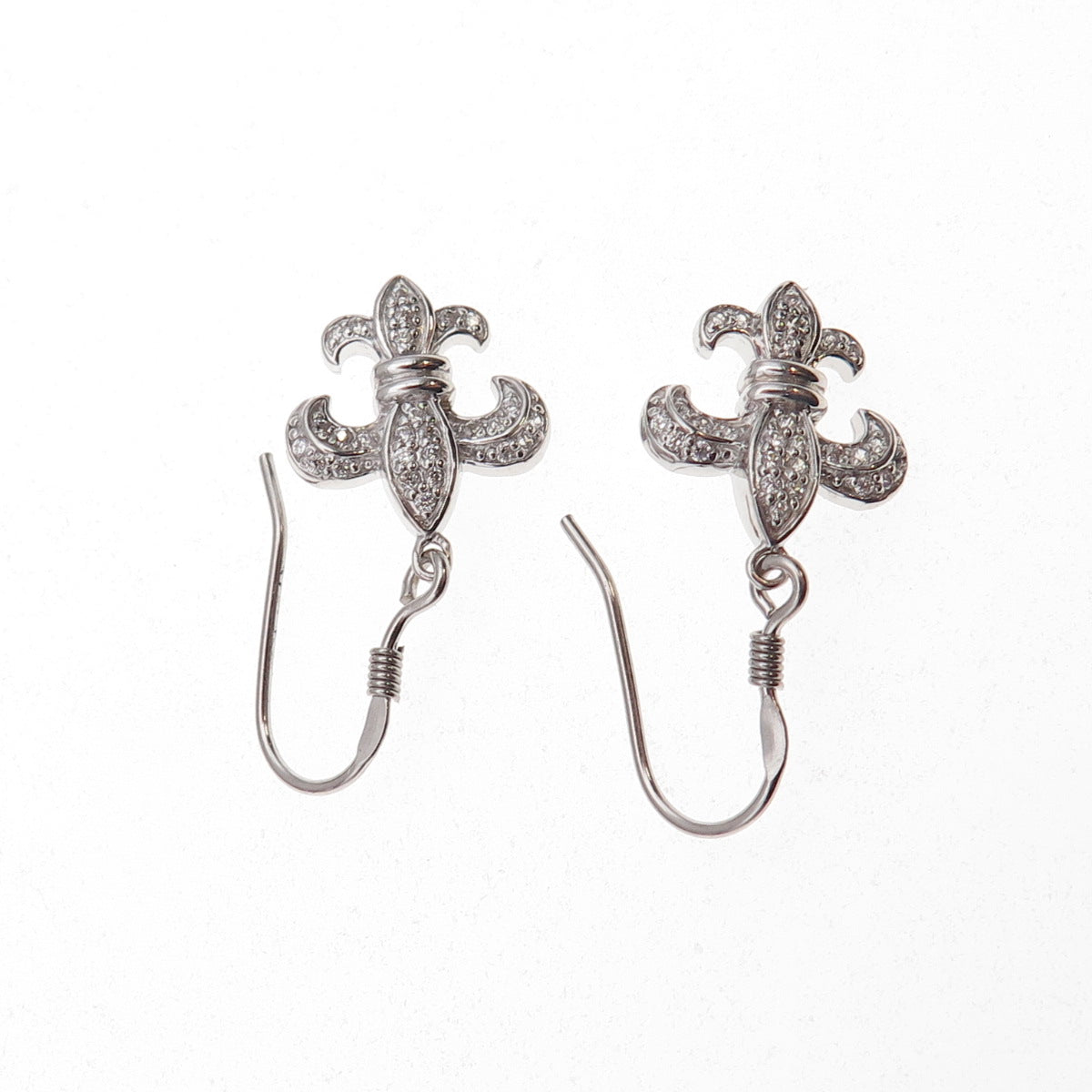 925 Sterling Silver Round-Cut C Z Fleur de Lis Dangle Earrings