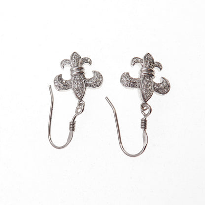 925 Sterling Silver Round-Cut C Z Fleur de Lis Dangle Earrings