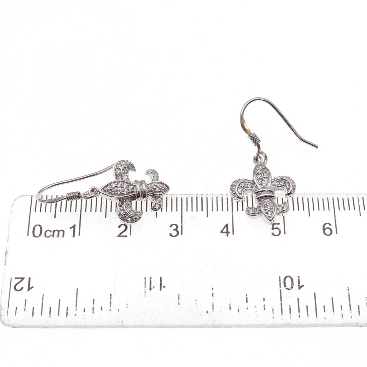 925 Sterling Silver Round-Cut C Z Fleur de Lis Dangle Earrings