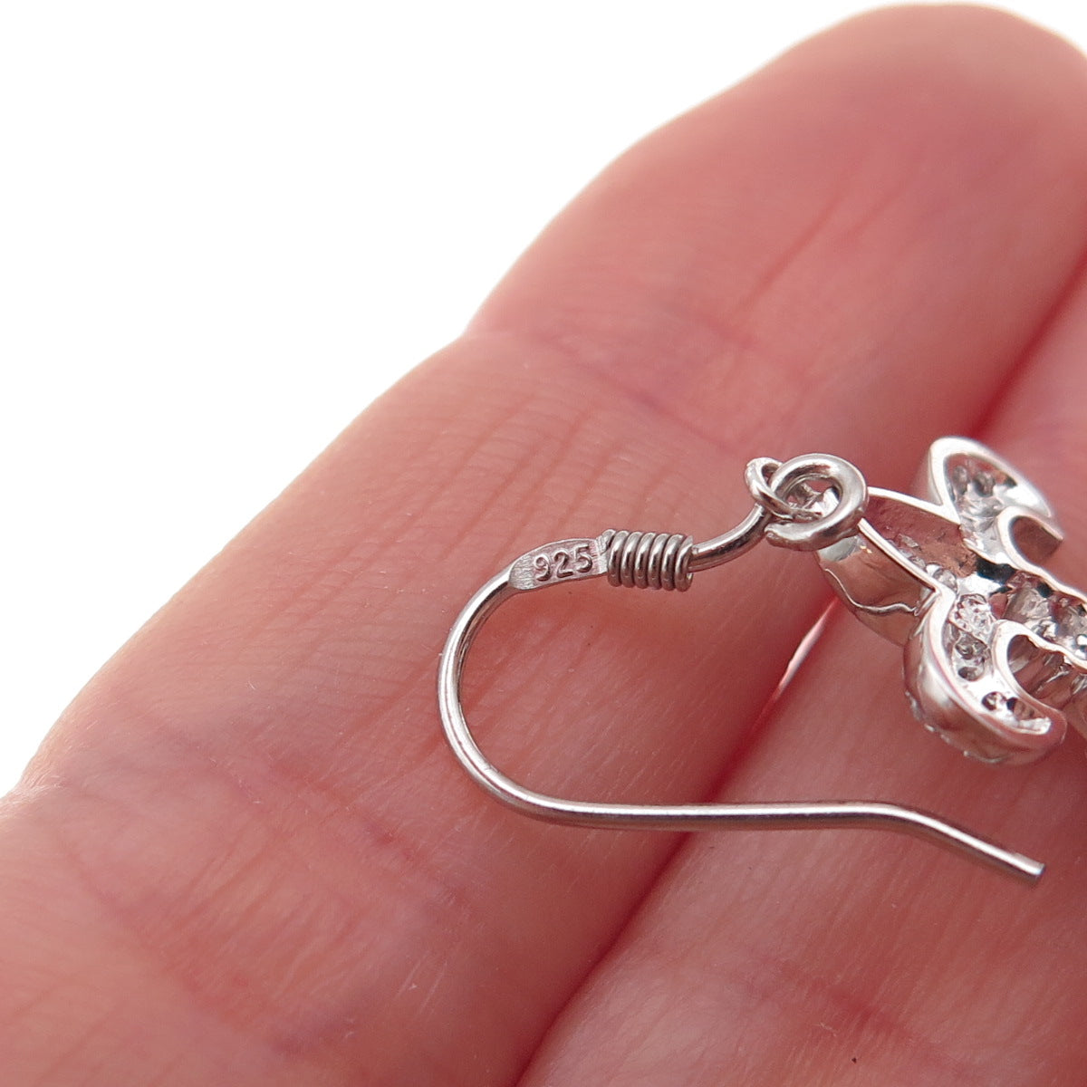 925 Sterling Silver Round-Cut C Z Fleur de Lis Dangle Earrings