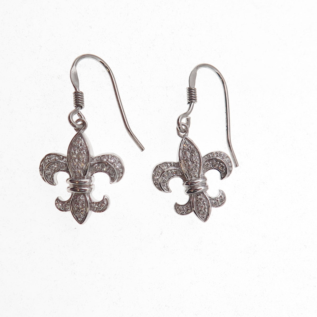 925 Sterling Silver Round-Cut C Z Fleur de Lis Dangle Earrings