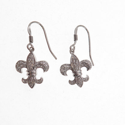 925 Sterling Silver Round-Cut C Z Fleur de Lis Dangle Earrings
