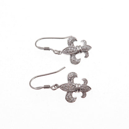 925 Sterling Silver Round-Cut C Z Fleur de Lis Dangle Earrings