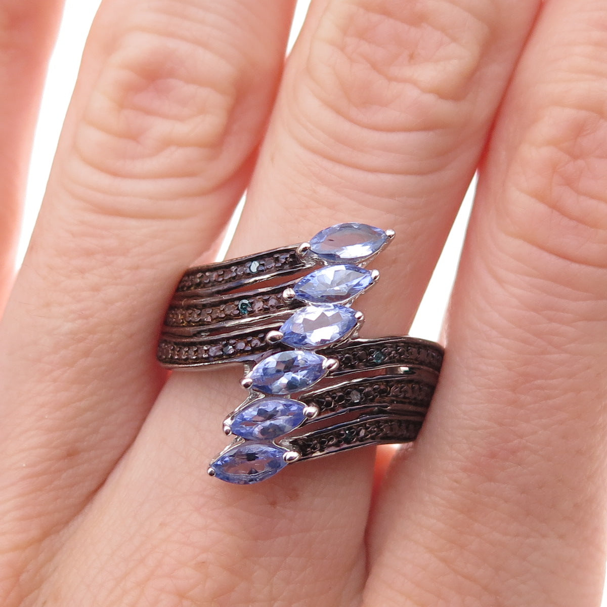 Chuck Clemency 925 Sterling Silver Real Blue Diamond & Tanzanite Ring Size 8.25