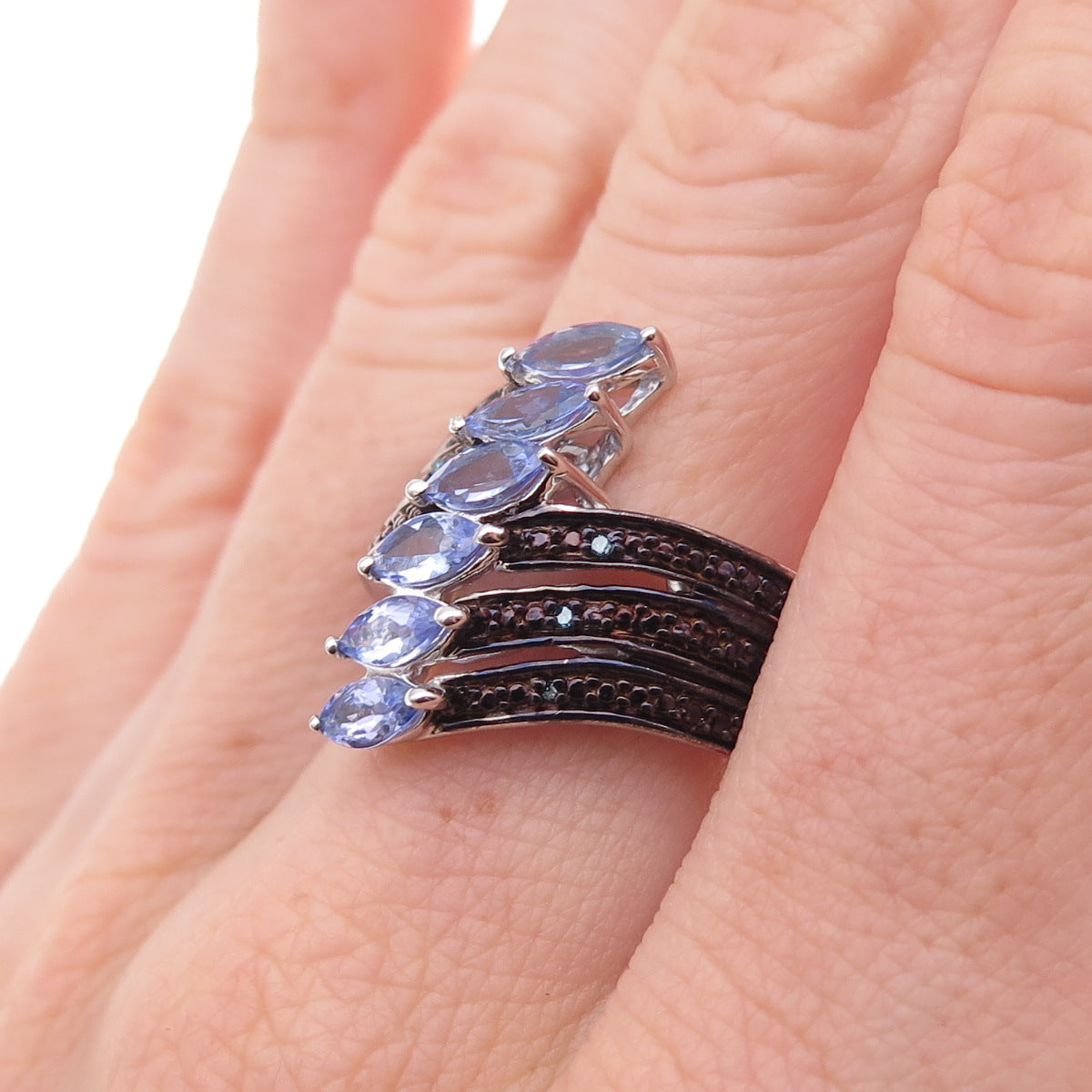 Chuck Clemency 925 Sterling Silver Real Blue Diamond & Tanzanite Ring Size 8.25