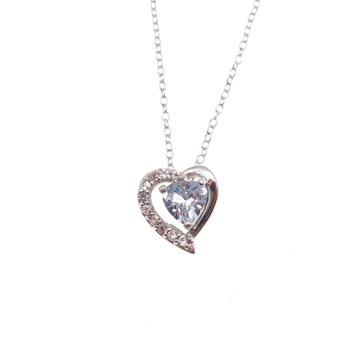 Heng Ngai 925 Sterling Silver Real Blue & White Topaz Heart Chain Necklace 18"