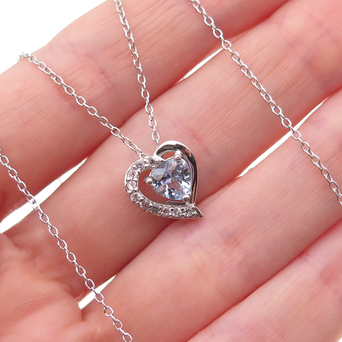Heng Ngai 925 Sterling Silver Real Blue & White Topaz Heart Chain Necklace 18"