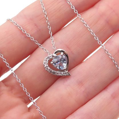 Heng Ngai 925 Sterling Silver Real Blue & White Topaz Heart Chain Necklace 18"