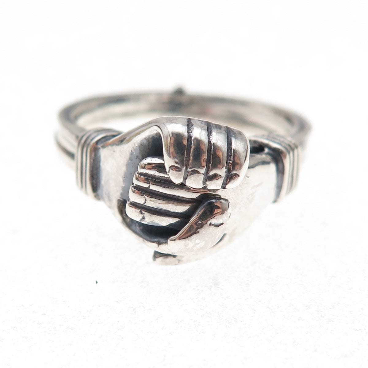 925 Sterling Silver Vintage Fede Gimmel Friendship Oxidized Folding Ring Size 9