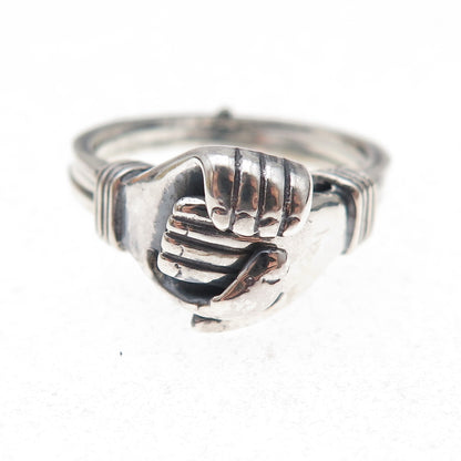 925 Sterling Silver Vintage Fede Gimmel Friendship Oxidized Folding Ring Size 9