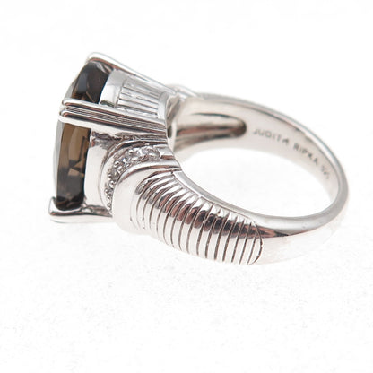 Judith Ripka 925 Sterling Silver Real Smoky Quartz & C Z Ring Size 7