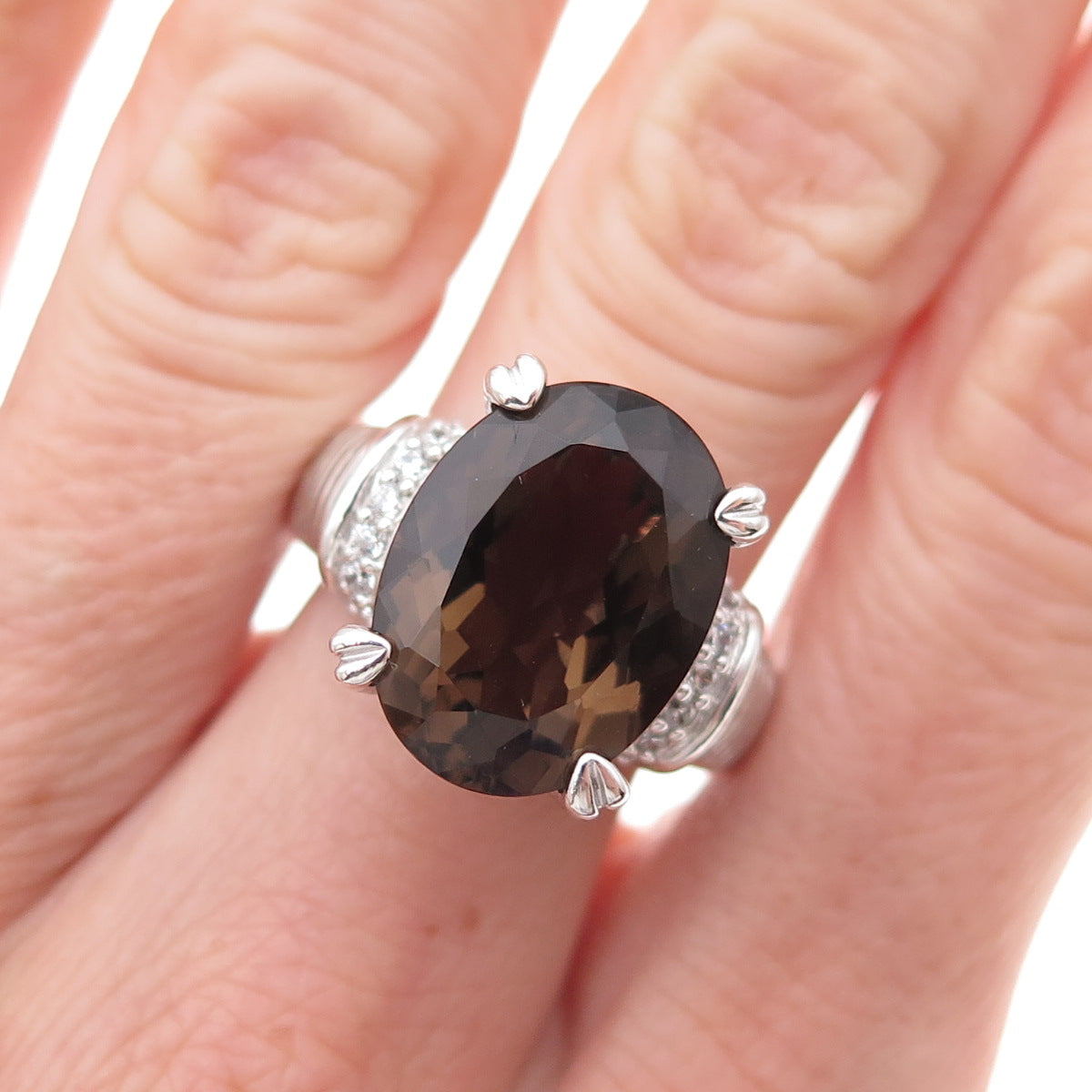 Judith Ripka 925 Sterling Silver Real Smoky Quartz & C Z Ring Size 7
