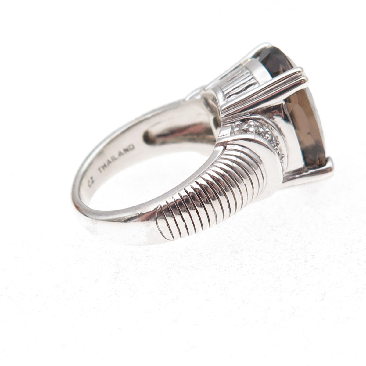 Judith Ripka 925 Sterling Silver Real Smoky Quartz & C Z Ring Size 7