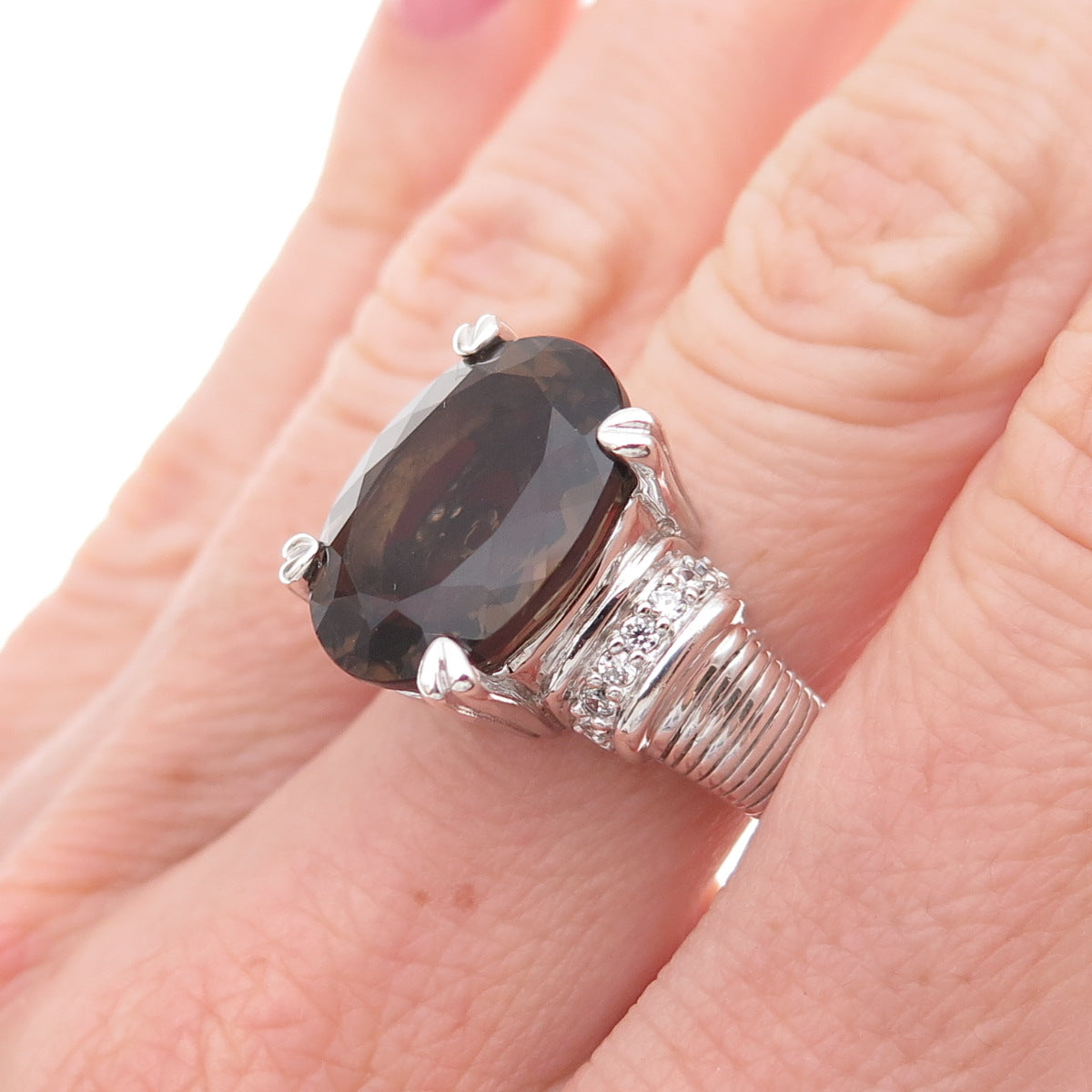 Judith Ripka 925 Sterling Silver Real Smoky Quartz & C Z Ring Size 7