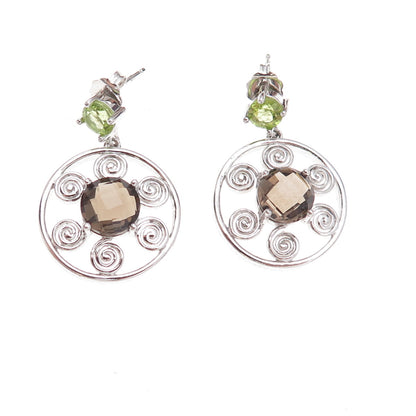 925 Sterling Silver Mexico Real Smoky Quartz & Peridot Spiral Dangle Earrings