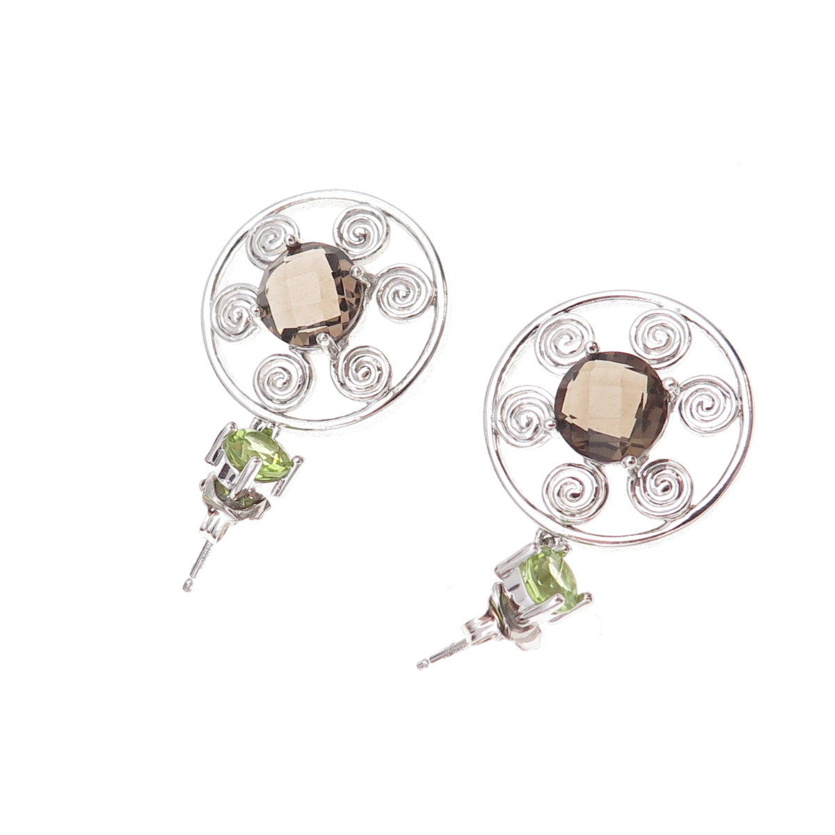 925 Sterling Silver Mexico Real Smoky Quartz & Peridot Spiral Dangle Earrings
