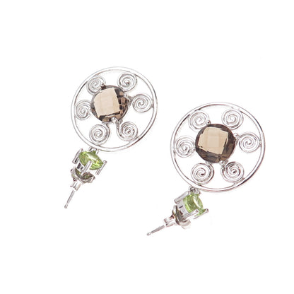925 Sterling Silver Mexico Real Smoky Quartz & Peridot Spiral Dangle Earrings