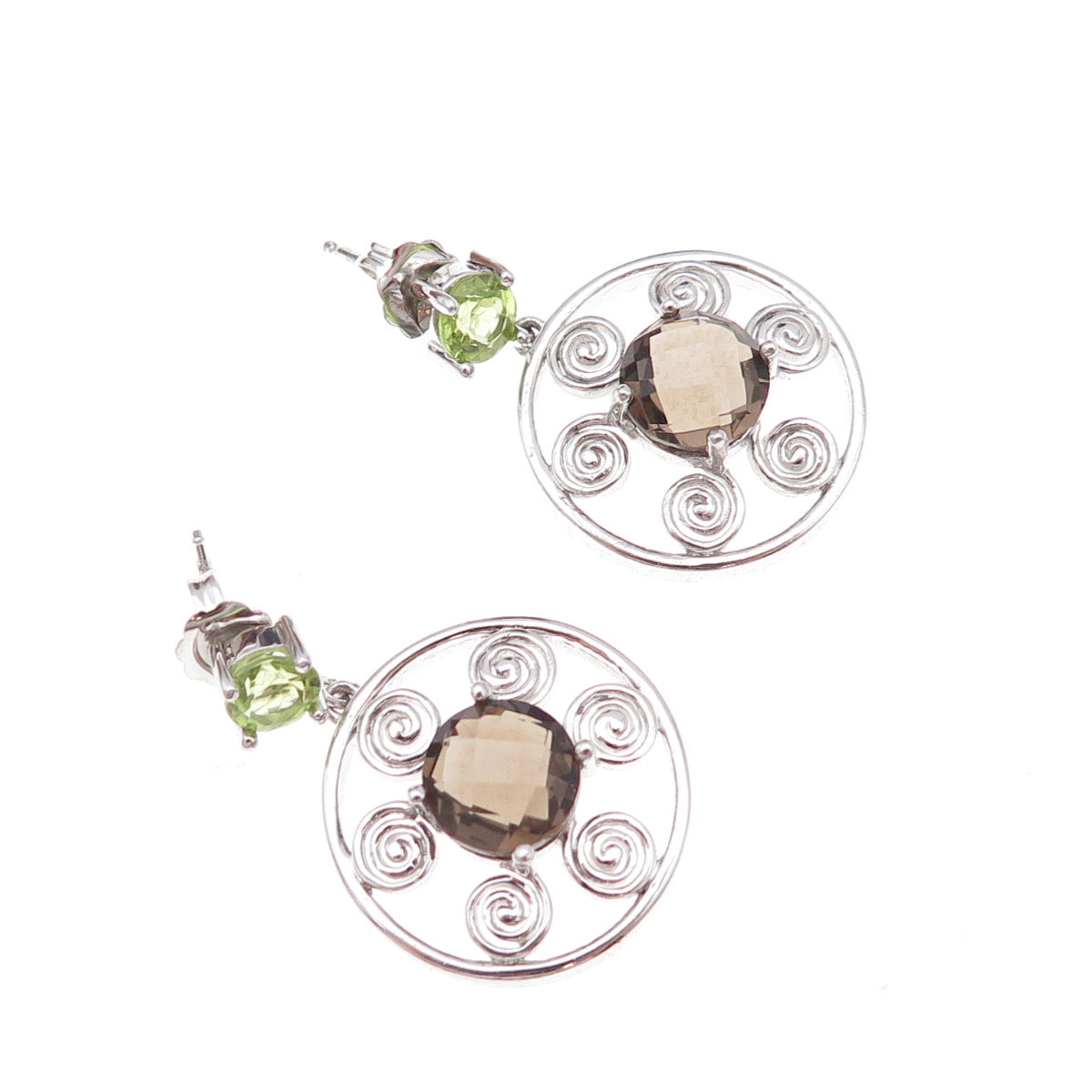 925 Sterling Silver Mexico Real Smoky Quartz & Peridot Spiral Dangle Earrings