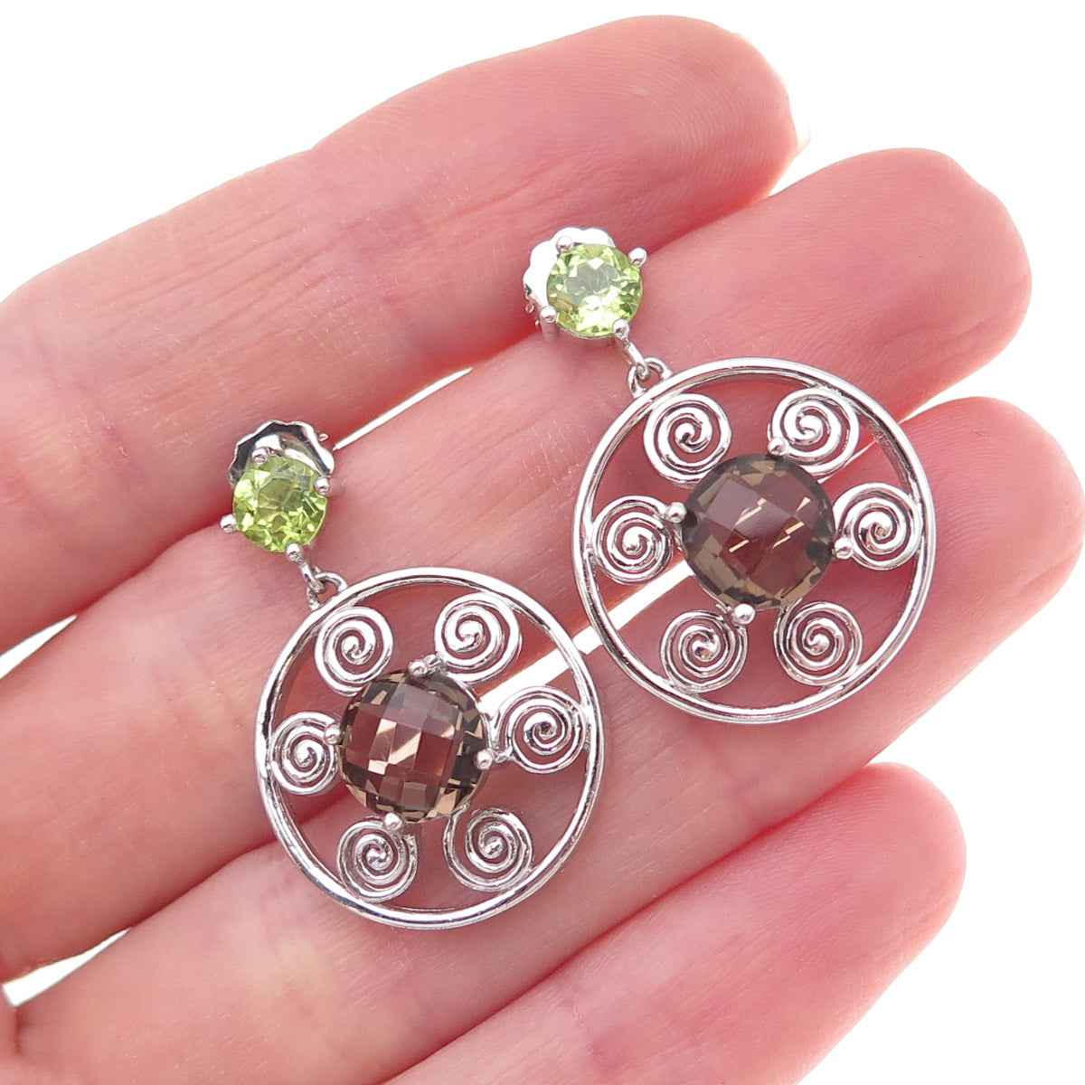 925 Sterling Silver Mexico Real Smoky Quartz & Peridot Spiral Dangle Earrings