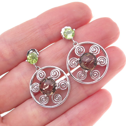 925 Sterling Silver Mexico Real Smoky Quartz & Peridot Spiral Dangle Earrings