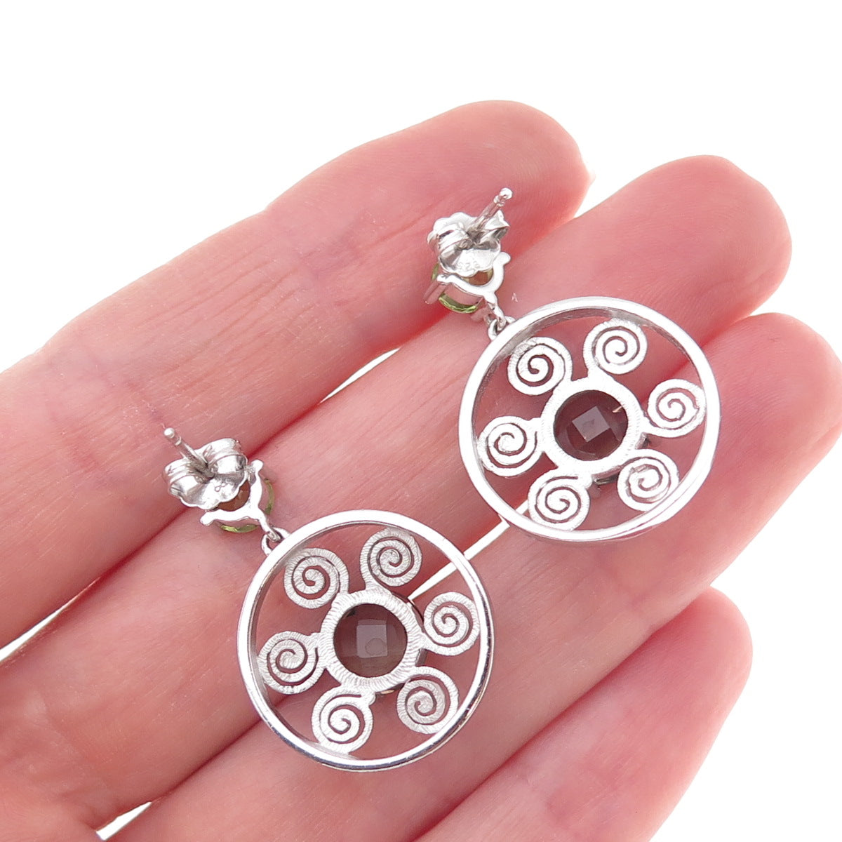 925 Sterling Silver Mexico Real Smoky Quartz & Peridot Spiral Dangle Earrings