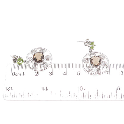 925 Sterling Silver Mexico Real Smoky Quartz & Peridot Spiral Dangle Earrings