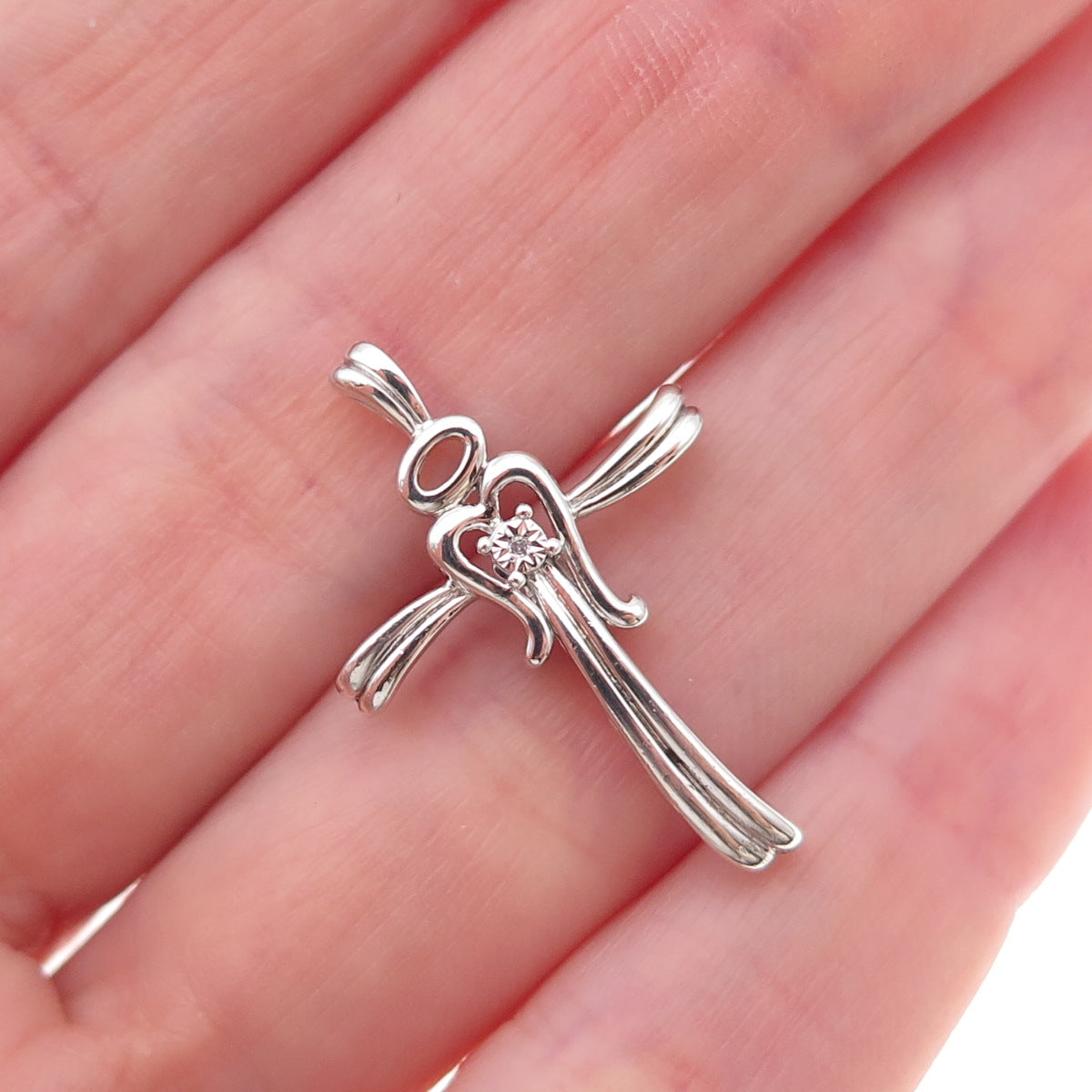 Alwand Vahan 925 Sterling Silver Real Diamond Angel Cross Slide Charm Pendant