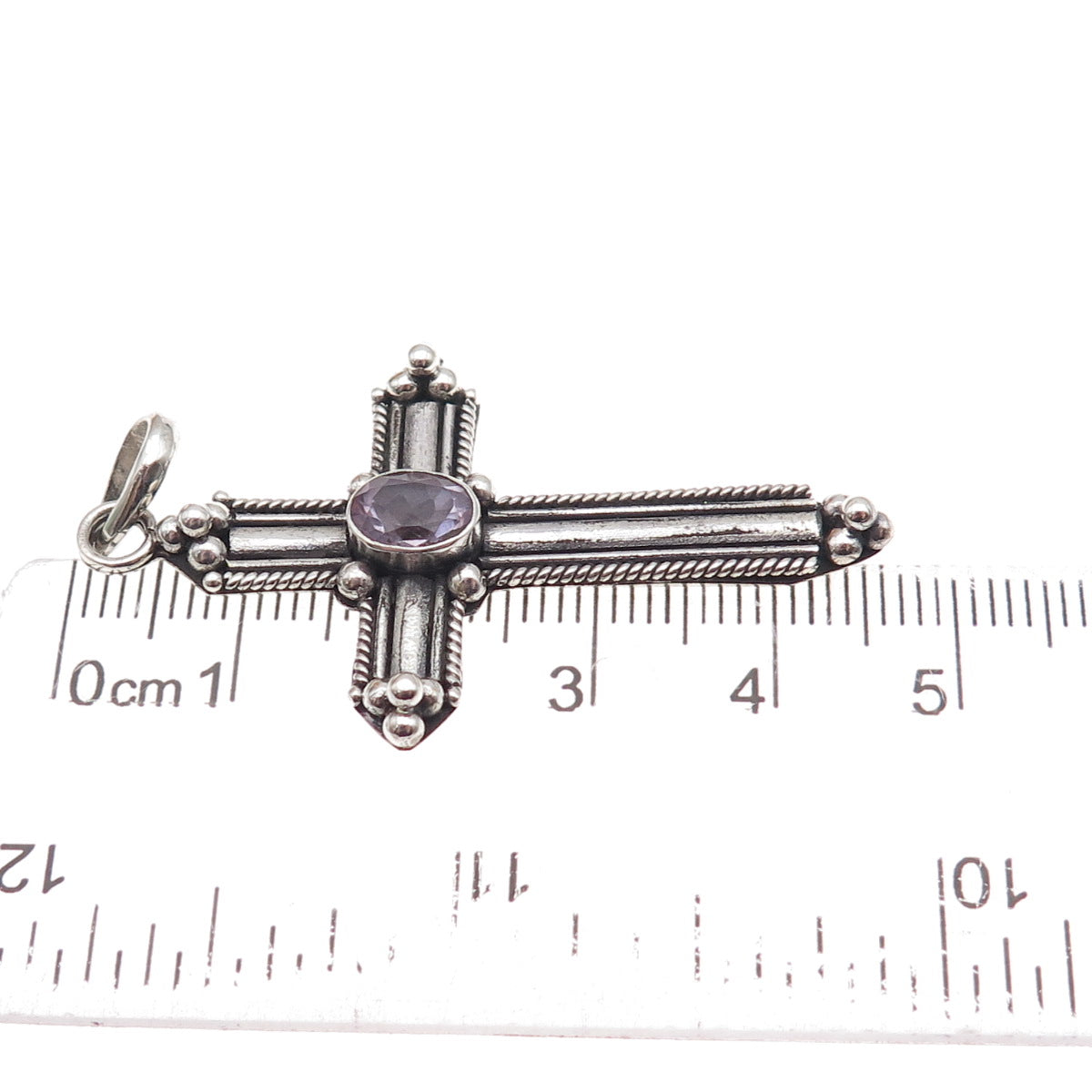 925 Sterling Silver Vintage Real Amethyst Beaded Cross Oxidized Charm Pendant
