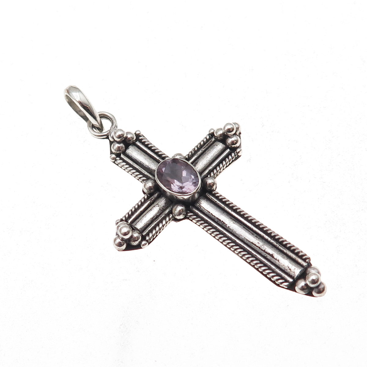 925 Sterling Silver Vintage Real Amethyst Beaded Cross Oxidized Charm Pendant