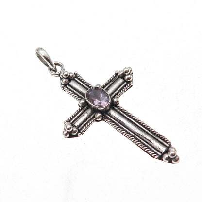 925 Sterling Silver Vintage Real Amethyst Beaded Cross Oxidized Charm Pendant