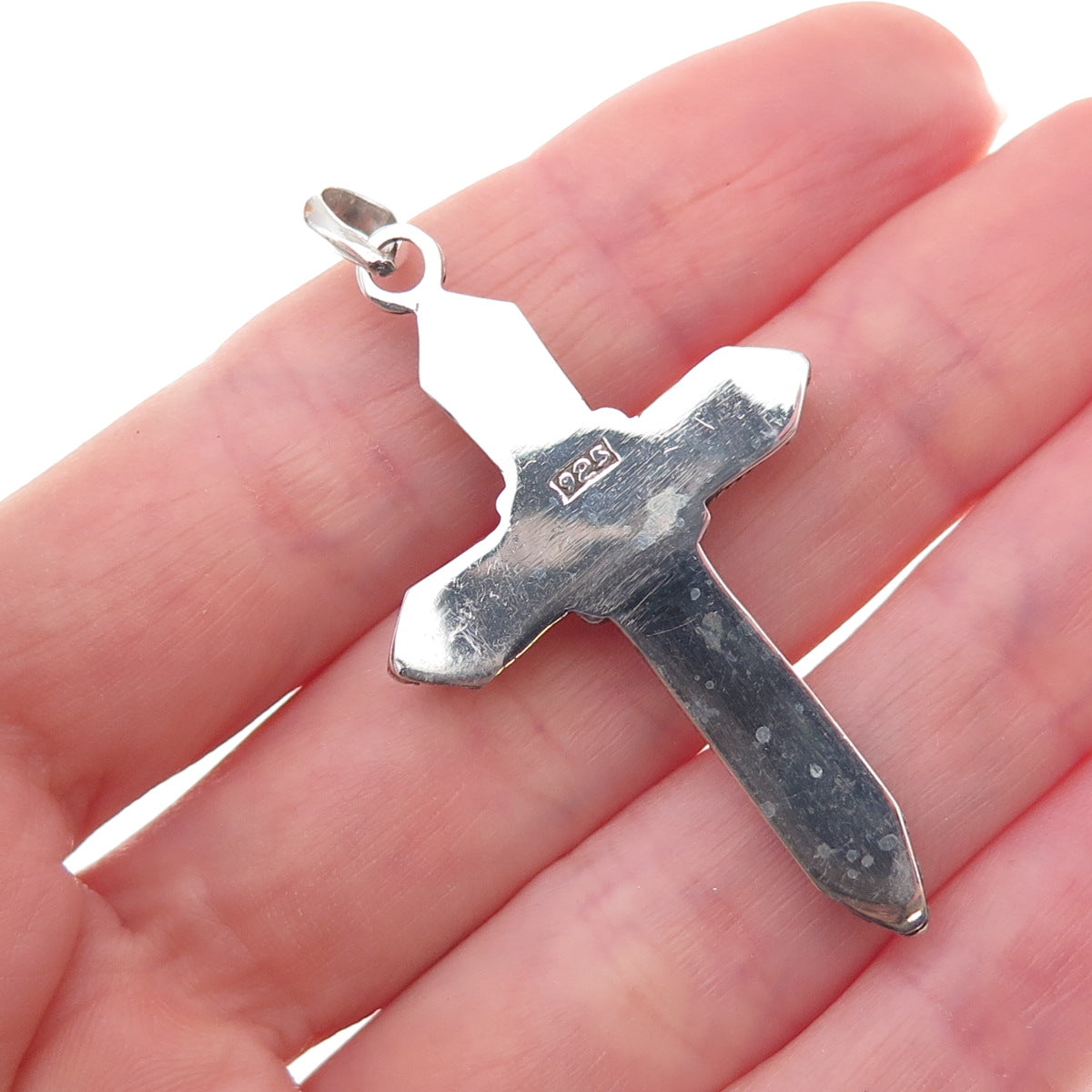 925 Sterling Silver Vintage Real Amethyst Beaded Cross Oxidized Charm Pendant