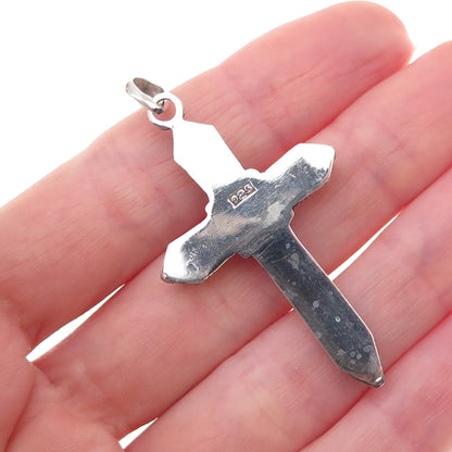 925 Sterling Silver Vintage Real Amethyst Beaded Cross Oxidized Charm Pendant