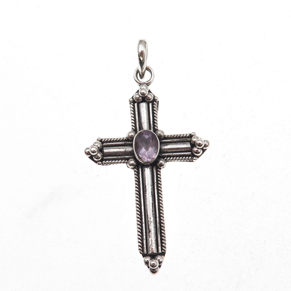 925 Sterling Silver Vintage Real Amethyst Beaded Cross Oxidized Charm Pendant