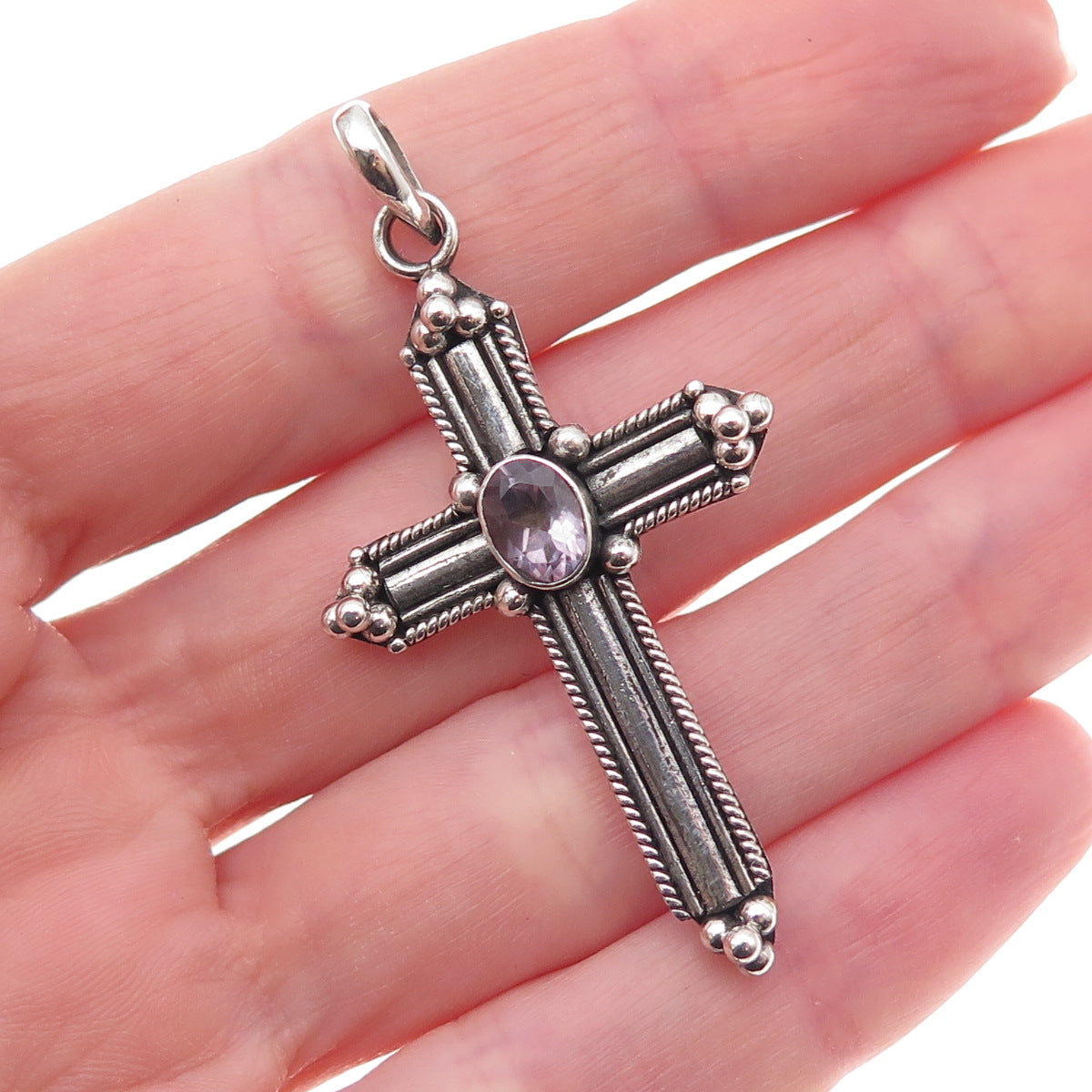 925 Sterling Silver Vintage Real Amethyst Beaded Cross Oxidized Charm Pendant