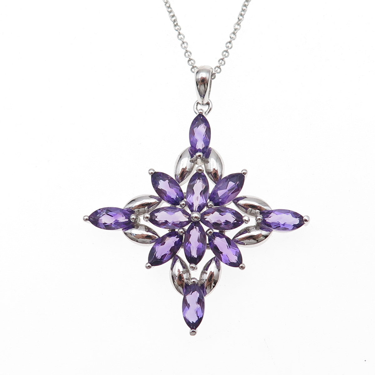 925 Sterling Silver Mexico Real Amethyst Cross Cable Chain Necklace 18"