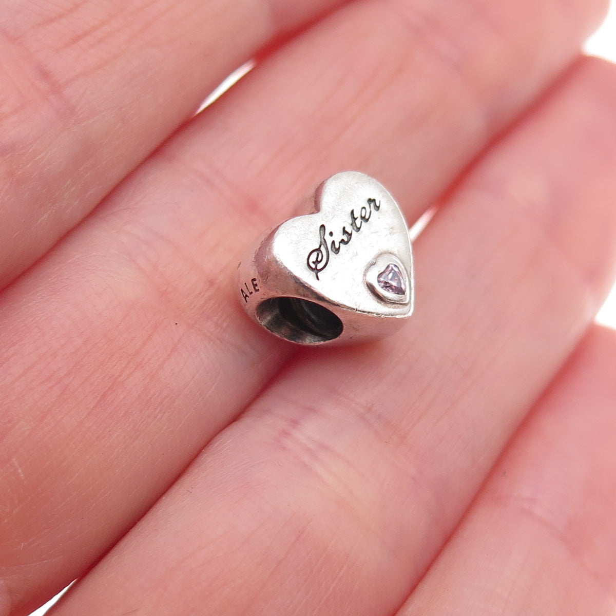 Pandora 925 Sterling Silver Pink C Z Sister's Love Heart Slide Bead Charm