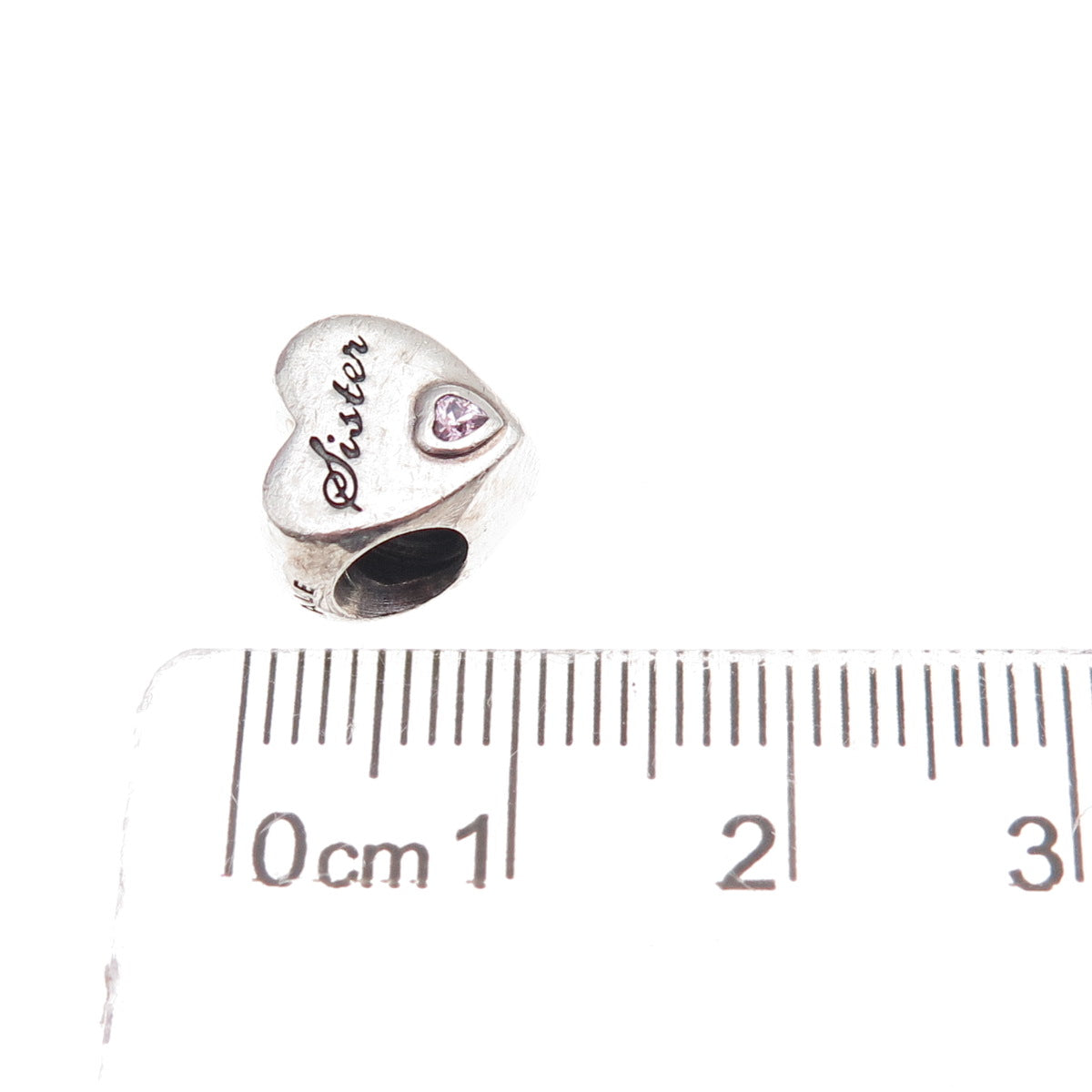 Pandora 925 Sterling Silver Pink C Z Sister's Love Heart Slide Bead Charm