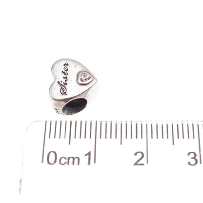 Pandora 925 Sterling Silver Pink C Z Sister's Love Heart Slide Bead Charm