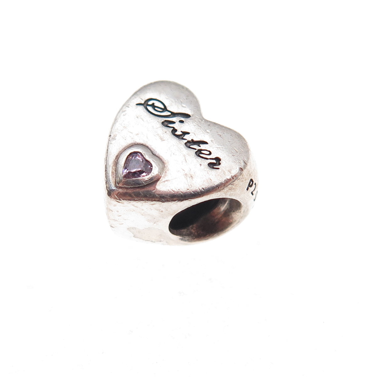 Pandora 925 Sterling Silver Pink C Z Sister's Love Heart Slide Bead Charm