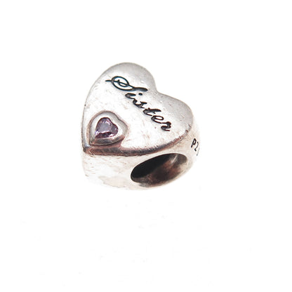 Pandora 925 Sterling Silver Pink C Z Sister's Love Heart Slide Bead Charm