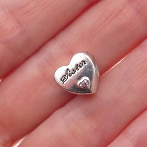 Pandora 925 Sterling Silver Pink C Z Sister's Love Heart Slide Bead Charm