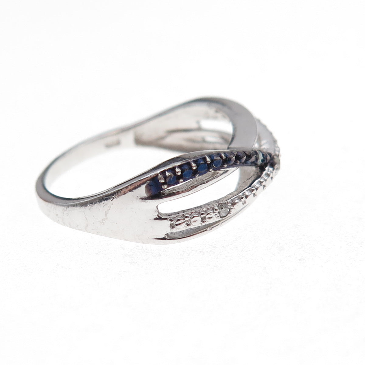 Chuck Clemency Sterling Silver Real Blue & White Diamond Crisscross Ring Size 8