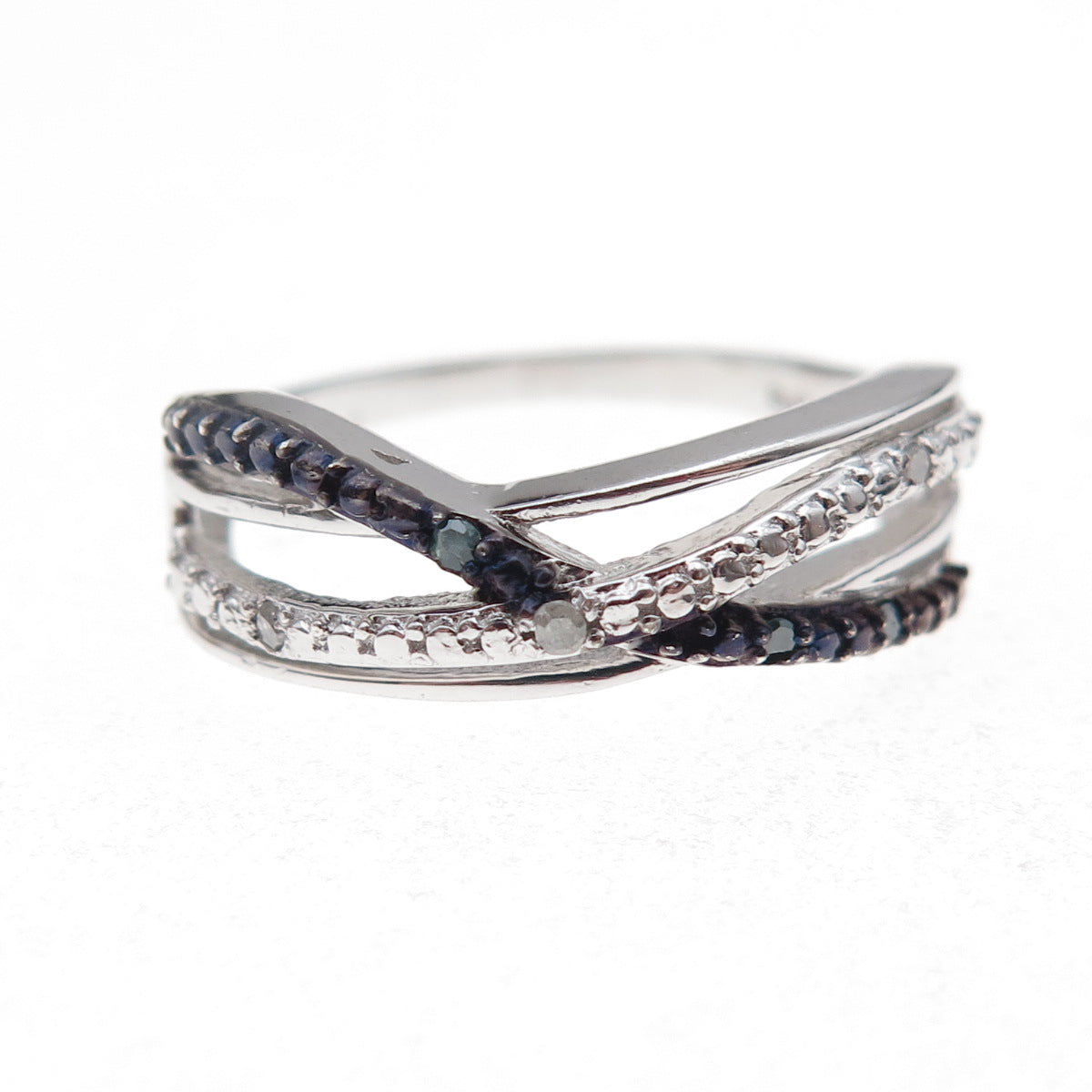 Chuck Clemency Sterling Silver Real Blue & White Diamond Crisscross Ring Size 8