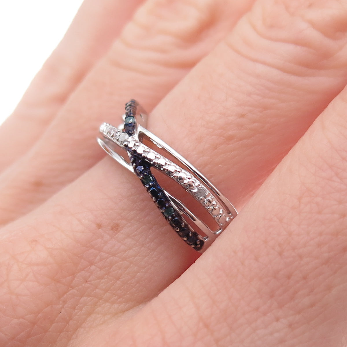 Chuck Clemency Sterling Silver Real Blue & White Diamond Crisscross Ring Size 8