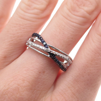 Chuck Clemency Sterling Silver Real Blue & White Diamond Crisscross Ring Size 8