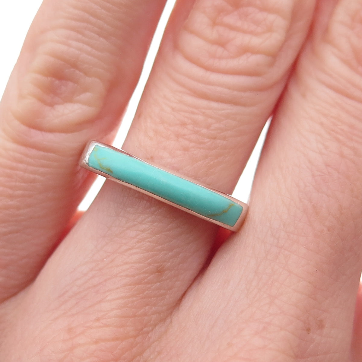 925 Sterling Silver Vintage Real Turquoise Modernist Ring Size 6.25
