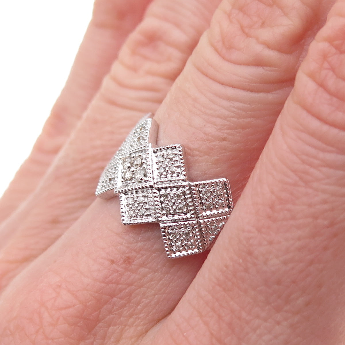 925 Sterling Silver Mexico Real Round-Cut Diamond Geometric Ring Size 7