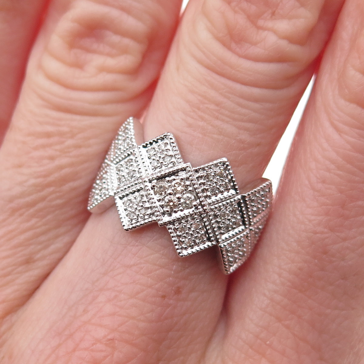 925 Sterling Silver Mexico Real Round-Cut Diamond Geometric Ring Size 7