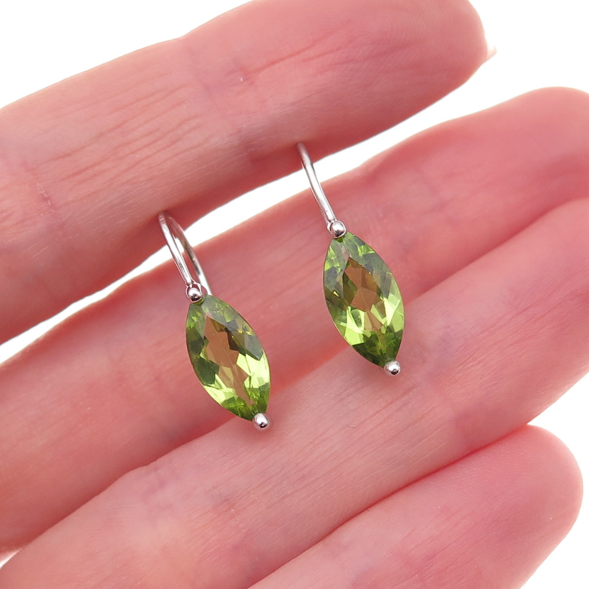 925 Sterling Silver Mexico Real Marquise-Cut Peridot Dangle Earrings